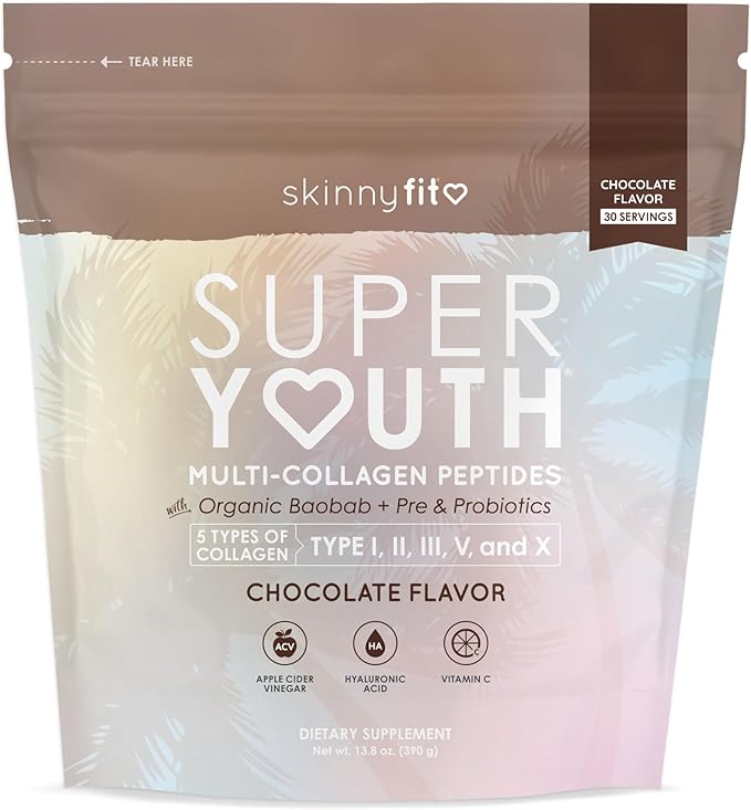 SkinnyFit Super Youth Chocolate Multi-Collagen Peptides + Probiotics, Baobab Fiber, Apple Cider Vinegar, Hyaluronic Acid, & Vitamin C, Skin, Hair, Joint & Metabolism Support, 30 Servings