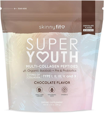 SkinnyFit Super Youth Chocolate Multi-Collagen Peptides + Probiotics, Baobab Fiber, Apple Cider Vinegar, Hyaluronic Acid, & Vitamin C, Skin, Hair, Joint & Metabolism Support, 30 Servings