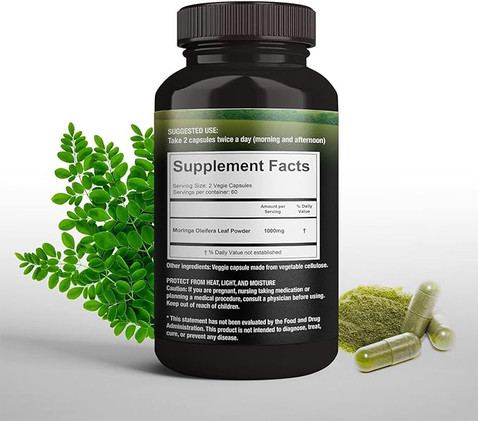 100% Raw and Pure Moringa Leaf Powder Capsules. Organic Certified Moringa Leaf. Natural Superfood with Essential Amino Acids, Antioxidants and Omega 3, 500mg, 120 Capsules.