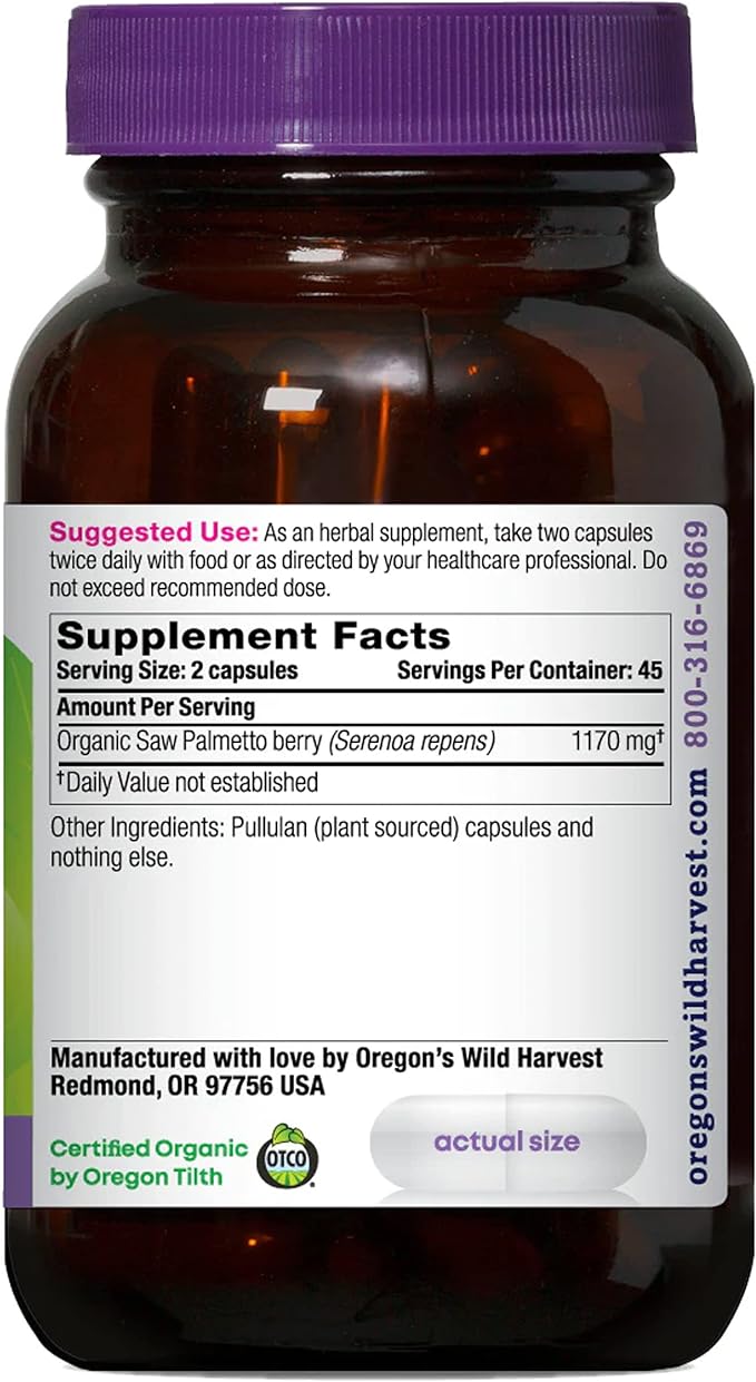 Oregon's Wild Harvest Certified Organic Saw Palmetto Capsules, Non-GMO, 1170 mg, 90 Count