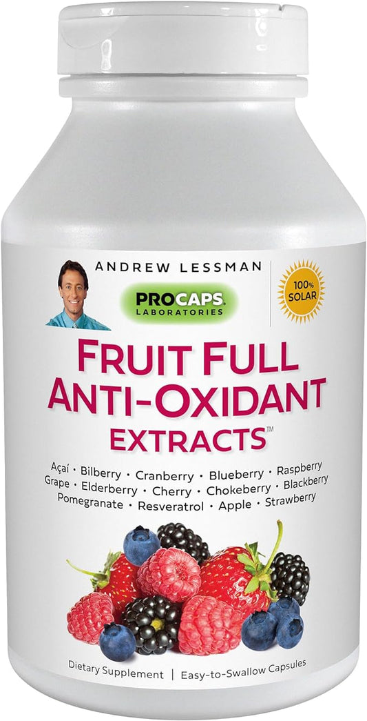 ANDREW LESSMAN Fruit Full Anti-Oxidant Extracts 30 Capsules - 14 Natural Fruit and Berry Extracts. Bilberry, Cranberry, Grape Seed, Pomegranate, Resveratrol, and More. Easy to Swallow Capsules