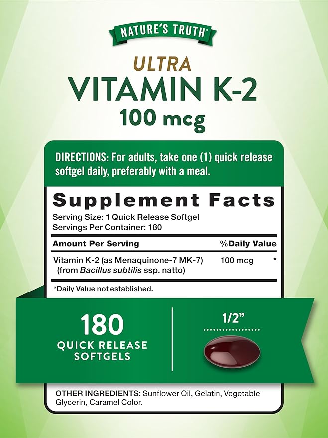 Nature's Truth Vitamin K2 MK7 Complex | 100 mcg | 180 Softgels | Non-GMO & Gluten Free Supplement