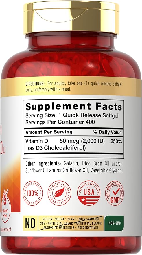 Carlyle Vitamin D3 2000IU Softgels | 400 Count | Non-GMO, Gluten Free Formula | 50 mcg | Vitamin D Supplement