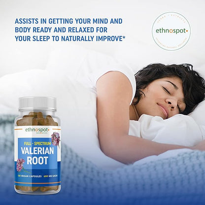 Full Spectrum Valerian Root Capsules - Assists in Sustained & Natural Nighttime Sleep - All Natural Valerian Root Extract Blend - Enhanced Alkaloid Profile - All Natural - 125 Vegan Capsules