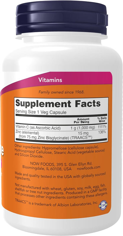 NOW Supplements, C-1000 & Zinc Immune, Seasonal Support Formula*, Antioxidant Protection*, 90 Veg Capsules