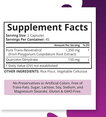 Purity Labs Pure Trans-Resveratrol Supplement + Quercetin 1500mg, Vegan Supplements for Heart, Skin Hair Nails, Anti Aging Antioxidant Supplement 90ct