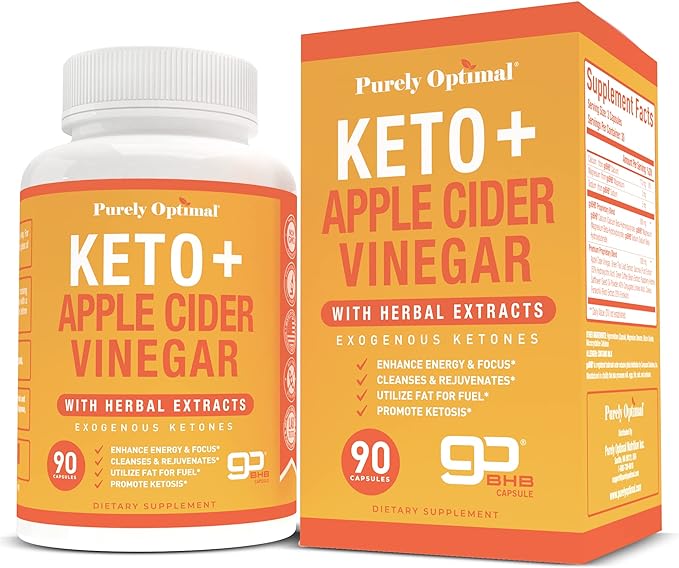 Purely Optimal Premium Keto+Apple Cider Vinegar Pills - w/Garcinia Cambogia, Keto Bhb Exogenous Ketones - 90 Capsules