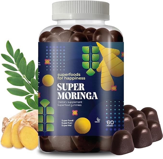 Moringa Gummies with Ginger & Natural Cane Sugar - 2 Month Supply - Chewable Vitamins for Adults, Supplement Made with Real Vegetables, Plant-Based, Vegan, Gluten-Free, Non-GMO Gummy Vitamins