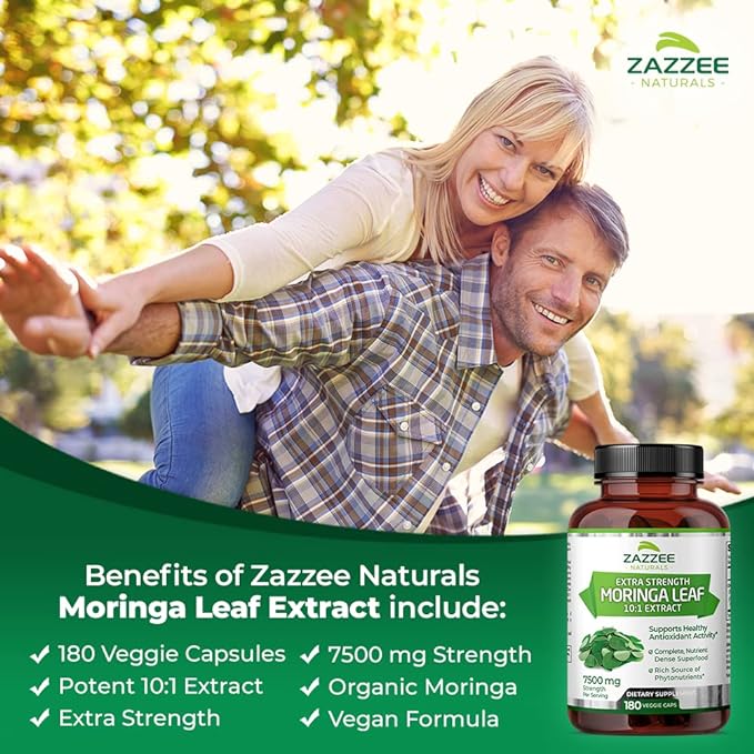 Zazzee Organic Moringa Oleifera Leaf 7500 mg Strength, 180 Vegan Capsules, 10:1 Extract, 100% Pure Superfood, Concentrated and Standardized 10X Leaf Extract, Vegetarian, All-Natural and Non-GMO