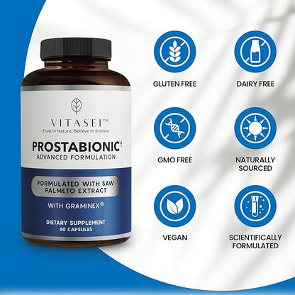 Prostabionic Prostate Dietary Supplements for Men W/Saw Palmetto, Bio-quercetin & Pygeum Africanum, Reduce Bathroom Trips - 60 Capsules