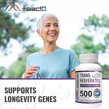 MAAC10 - Trans Resveratrol 500mg 3-Pack (Micronized Pharmaceutical Grade 99% Pure Trans-Resveratrol Extract + BioPerine for Superior Absorption).