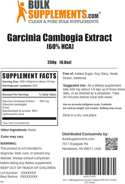 BulkSupplements.com Garcinia Cambogia Extract Powder - 60% HCA, from Garcinia Cambogia Fruit, Garcinia Cambogia Powder - Gluten Free, 500mg per Serving, 250g (8.8 oz) (Pack of 1)