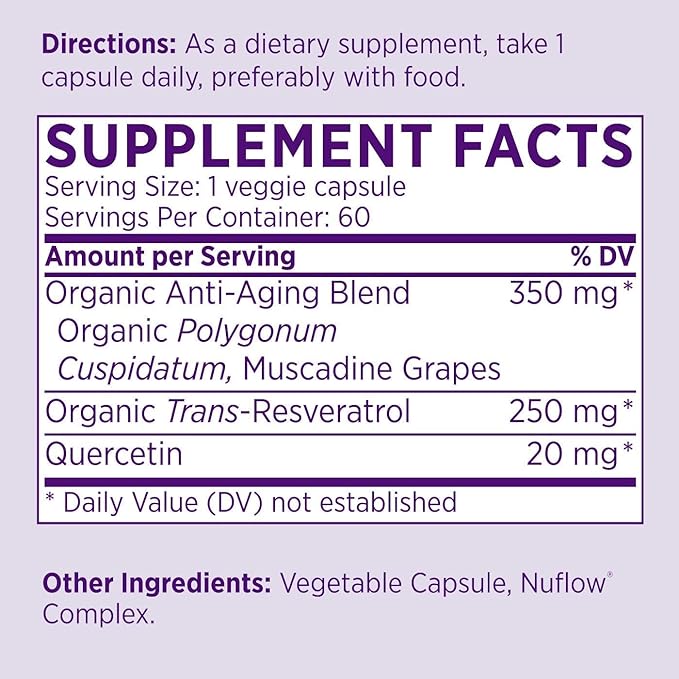 NAOMI Organic Trans Resveratrol Supplement 250mg with Quercetin, Muscadine Grapes, Antioxidant Support, High Absorption, 60 Veggie Capsules