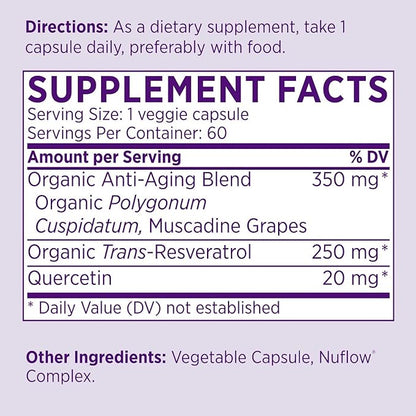 NAOMI Organic Trans Resveratrol Supplement 250mg with Quercetin, Muscadine Grapes, Antioxidant Support, High Absorption, 60 Veggie Capsules