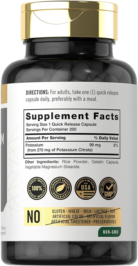 Carlyle Potassium Citrate 99mg | 200 Capsules | Non-GMO and Gluten Free Supplement