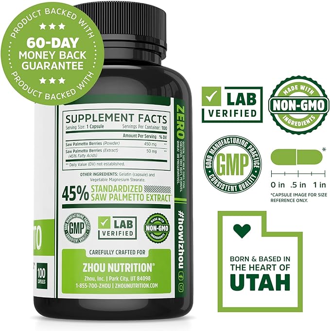 Zhou Nutrition Saw Palmetto Extract 500 mg, Prostate Health, Urinary Tract Support, DHT Blocker for Men and Women Hair Growth, Non-GMO, 100 Capsules (Packaging may vary)