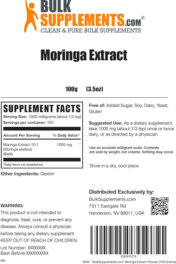 BulkSupplements.com Moringa Extract Powder - Superfood Supplement, from Moringa Oleifera, Moringa Powder - Vegan & Gluten Free, 1000mg per Serving, 100g (3.5 oz) (Pack of 1)