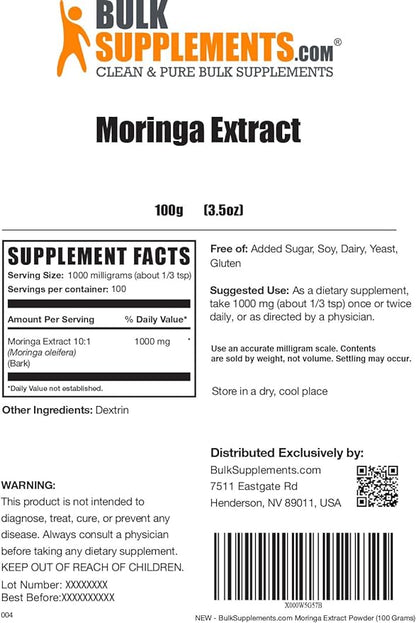 BulkSupplements.com Moringa Extract Powder - Superfood Supplement, from Moringa Oleifera, Moringa Powder - Vegan & Gluten Free, 1000mg per Serving, 100g (3.5 oz) (Pack of 1)