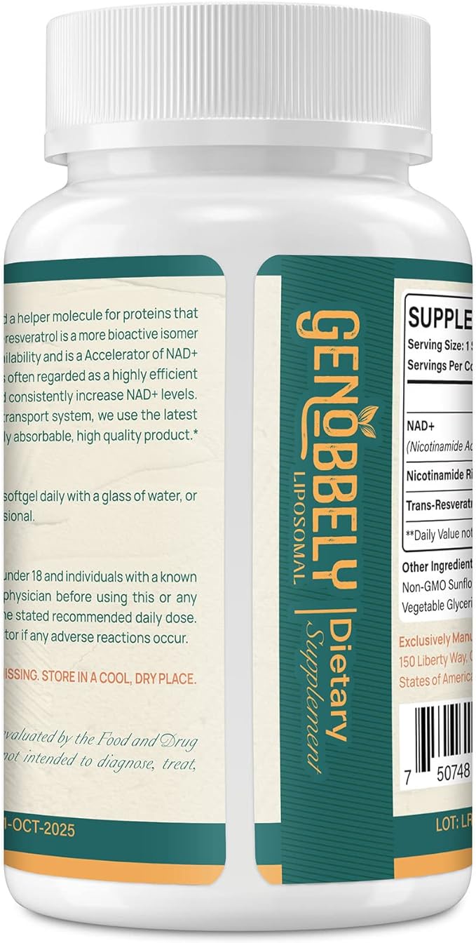 800 mg Liposomal NAD+ Supplement with Nicotinamide Riboside 200 mg, Trans-Resveratrol 100 mg - True NAD Supplement for DNA Repair, Healthy Aging, Brain Function - 240-Day Supply