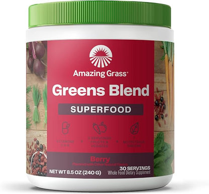 Amazing Grass Greens Superfood Powder: Greens Powder with Digestive Enzymes & Probiotics, Organic Spirulina, Chlorella, and Beet Root Powder, Berry, 30 Servings