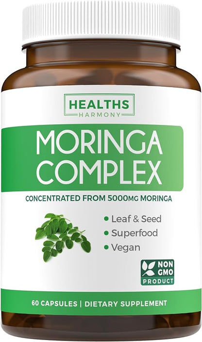 Moringa Capsules (2 Month Supply) High Strength 5,000mg Equivalent - Advanced Blend of Whole Herb Powder With 20:1 Seed and 10:1 Leaf Extract - Non-GMO Vegetarian Supplement - 60 Caps (No Oil or Tea)