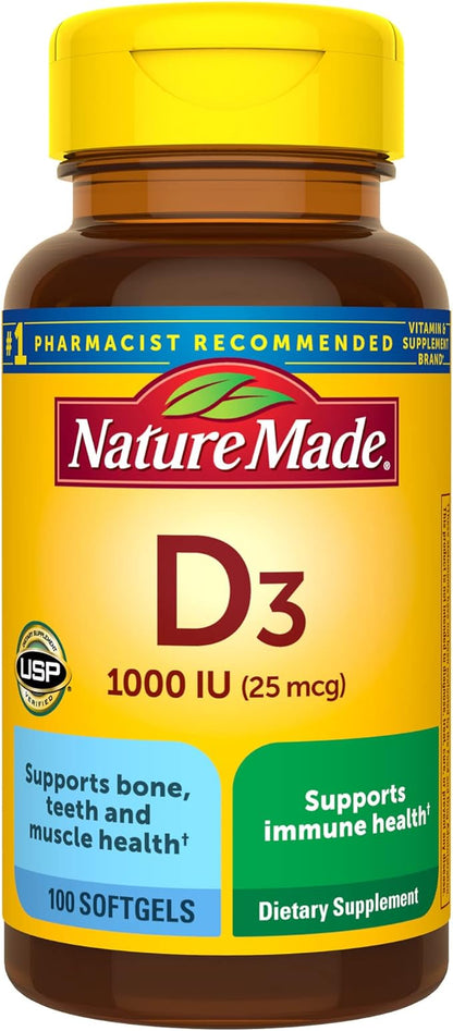 Nature Made Vitamin D3 1000 IU (25 mcg), Dietary Supplement for Bone, Teeth, Muscle and Immune Health Support, 100 Softgels, 100 Day Supply