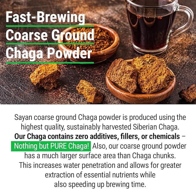 Sayan Siberian Raw Ground Chaga Powder 6 Oz (170g), Wild Forest Mushroom Tea, Powerful Adaptogen Antioxidant Supplement, Support for Immune System and Digestive Health