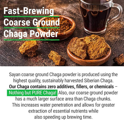 Sayan Siberian Raw Ground Chaga Powder 6 Oz (170g), Wild Forest Mushroom Tea, Powerful Adaptogen Antioxidant Supplement, Support for Immune System and Digestive Health