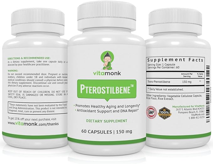 VitaMonk Pterostilbene 150mg Capsules No Artificial Fillers - Soy Free Trans-Pterostilbene Supplement which Promotes Healthy Aging and Longevity - 60 Veggie-Caps - Improved Resveratrol