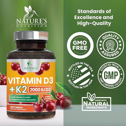 Vitamin D3 K2 as MK-7 with 2000iu of D3 & 75mcg K2, Vitamin K2 D3 Bone Strength Supplements Support Calcium Absorbtion for Teeth & Bone Health + Muscle & Immune Health Support - 120 Chewable Tablets