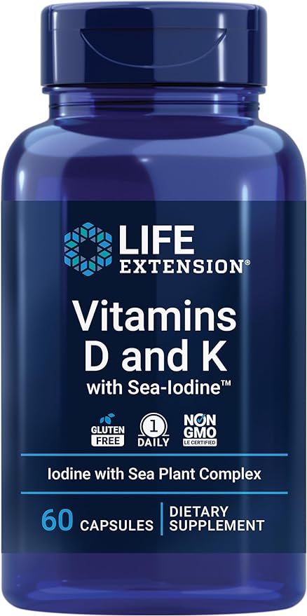 Life Extension Vitamins D and K with Sea-Iodine, vitamin D3, vitamin K1 and K2, iodine, supports immune, bone, arterial and thyroid health, non-GMO, gluten-free, 60 capsules