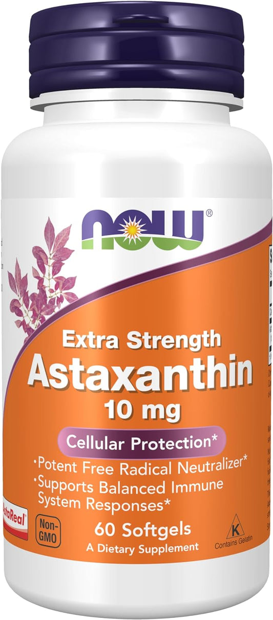 NOW Supplements, Astaxanthin 10mg, Extra Strength,derived from Non-GMO Haematococcus Pluvialis Microalgae and has naturally occurring Lutein, Canthaxanthin and Beta-Carotene, 60 Softgels