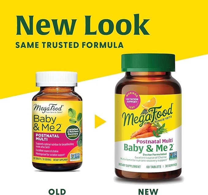 MegaFood Baby & Me 2 Postnatal Vitamins for Breastfeeding Moms with Folate (Folic Acid Natural Form), Choline, Iodine, Vitamin D, Moringa Leaf and More - 120 Tabs (60 Servings)