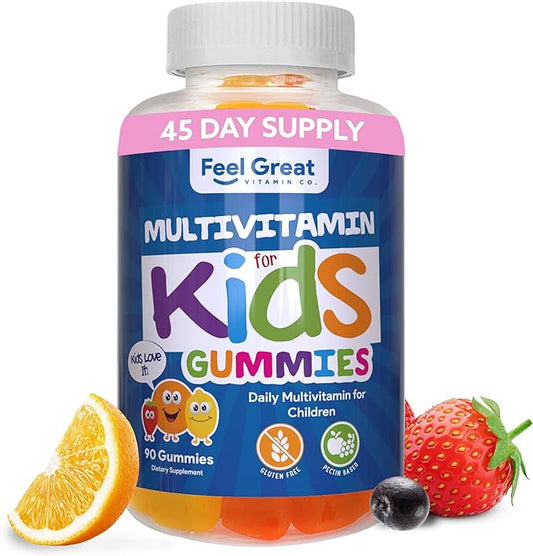 Feel Great Kids Multivitamin Gummies | Citrus & Strawberry Flavored Kids Gummies Multivitamins for Bone, Muscle & Immune Support | Chewable Vegetarian Gummy Vitamins | 45 Day Supply