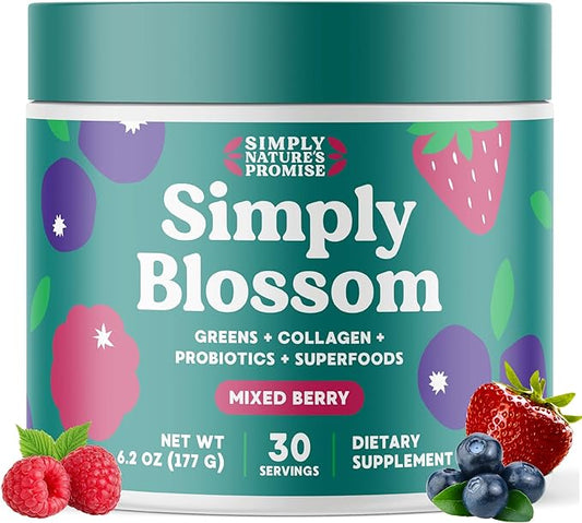 Simply Nature's Promise Blossom Nutrition Daily Greens & Superfood Powder + Collagen + Probiotics for Women's Digestive Health & Bloating Relief. Help Your Health Bloom - 30 Day Supply