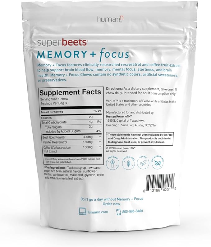 humanN SuperBeets Memory & Focus Brain Supplement Chews – Mental Alertness – Clinically Studied Nootropics, Resveratrol Plus Beet Root Powder, Blueberry Pomegranate Flavor, 30 Count