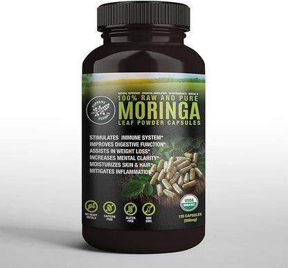 100% Raw and Pure Moringa Leaf Powder Capsules. Organic Certified Moringa Leaf. Natural Superfood with Essential Amino Acids, Antioxidants and Omega 3, 500mg, 120 Capsules.