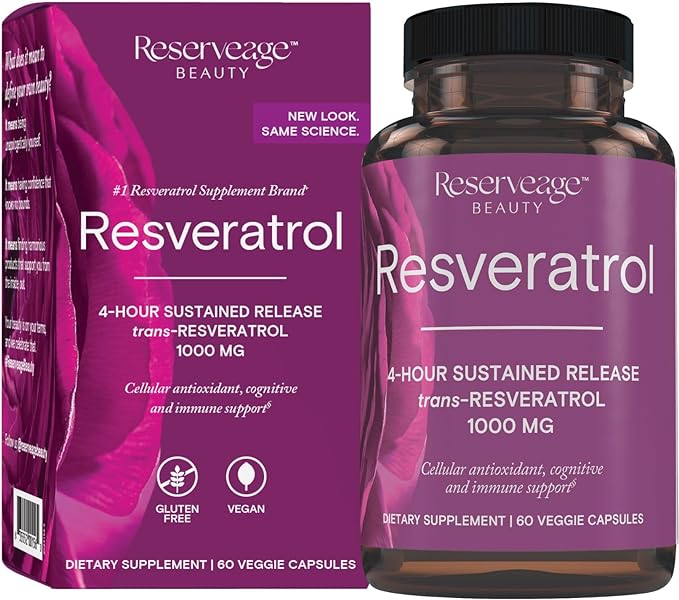 Reserveage Beauty, Resveratrol 1000 mg, Antioxidant Supplement for Heart Health and Immune Support, Supports Healthy Aging and Immune System, Paleo, Keto, 60 Capsules