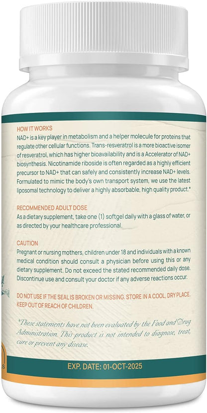 800 mg Liposomal NAD+ Supplement with Nicotinamide Riboside 200 mg, Trans-Resveratrol 100 mg - True NAD Supplement for DNA Repair, Healthy Aging, Brain Function - 240-Day Supply