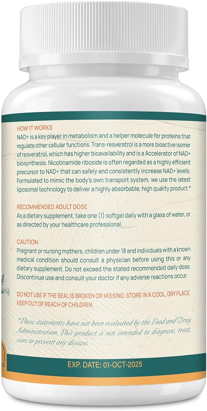 800 mg Liposomal NAD+ Supplement with Nicotinamide Riboside 200 mg, Trans-Resveratrol 100 mg - True NAD Supplement for DNA Repair, Healthy Aging, Brain Function - 360-Day Supply