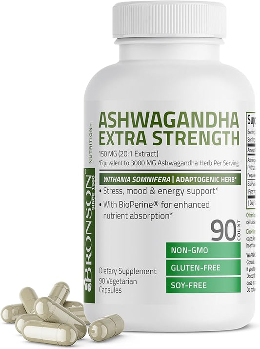 Bronson Ashwagandha Extra Strength Stress & Mood Support with BioPerine - Non GMO Formula, 90 Vegetarian Capsules