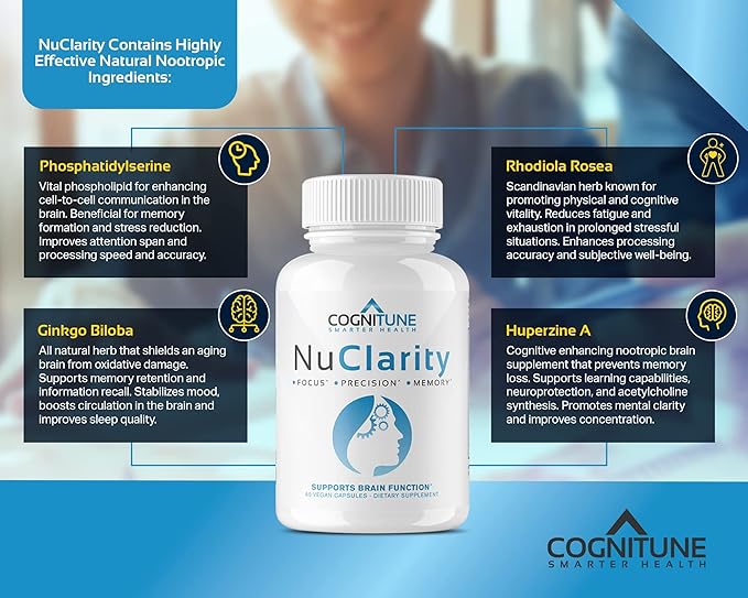 NuClarity - Premium Nootropic Brain Supplement - Focus, Energy, Memory Booster - Mental Clarity & Cognitive Support - Ginkgo Biloba, Bacopa Monnieri, Alpha-GPC, Phosphatidylserine, Rhodiola Rosea