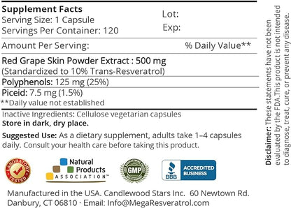 Mega Resveratrol Red Grape Skin, Piceid Resveratrol, Water-Soluble/High Absorption/Boosts Nitric Oxide. 500mg per Capsule. Purity Certified. NO Toxic “inactive” Ingredients. Keto, Vegan, Non-GMO.