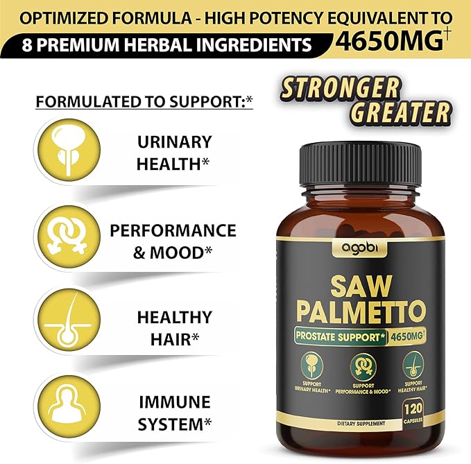 Saw Palmetto Prostate Support Supplement 8in1 Equivalent 4650mg with Ashwagandha, Turmeric Curcumin, Ginger, Nettle Leaf, Holy Basil & More - 120 Capsules