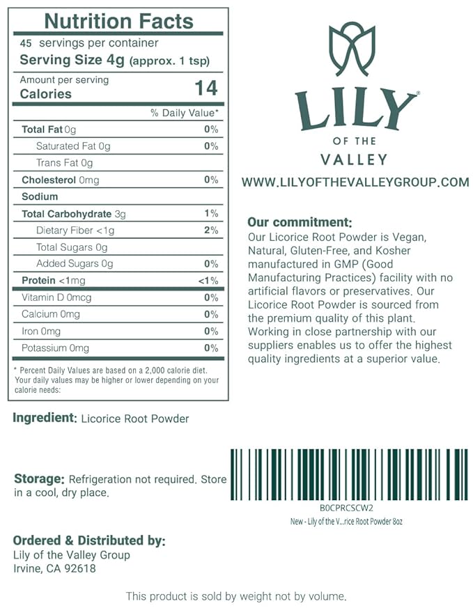 LILY OF THE VALLEY Licorice/Liquorice Root Powder - Ground Mulethi Sourced from India - Glycyrrhiza Glabra - Natural Sweetener - Vegan & Gluten-Free - Packed in Resealable Pouch (8oz, 226g)