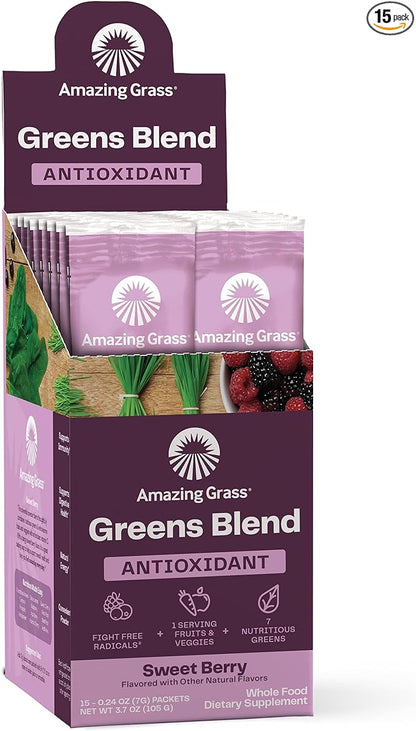 Amazing Grass Greens Superfood Antioxidant: Greens Powder with Organic Spirulina, Beet Root Powder, Elderberry & Probiotics, Sweet Berry, 15 Servings (Packaging May Vary)