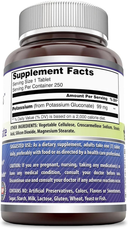 Amazing Formulas Potassium Gluconate Supplement | 99 Mg Per Serving | 250 Tablets | Non-GMO | Gluten-Free | Made in USA