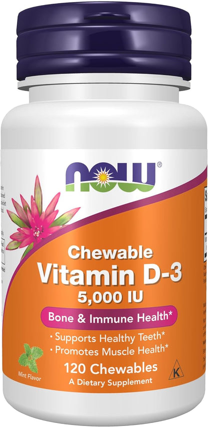 NOW Supplements, Vitamin D-3 5,000 IU, Natural Mint Flavor, Structural Support*, 120 Chewables