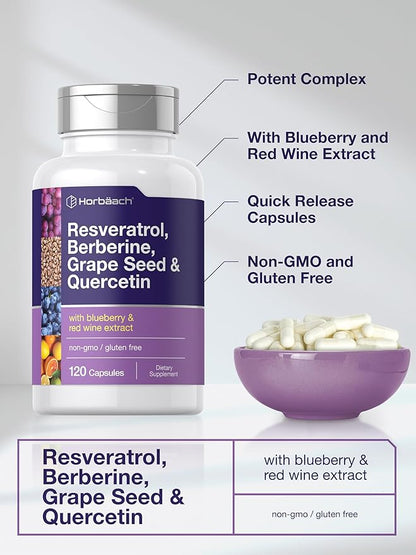 Horbäach Resveratrol Berberine Grape Seed & Quercetin | with Blueberry & Red Wine Extract | 120 Capsules | Non-GMO, Gluten Free Supplement