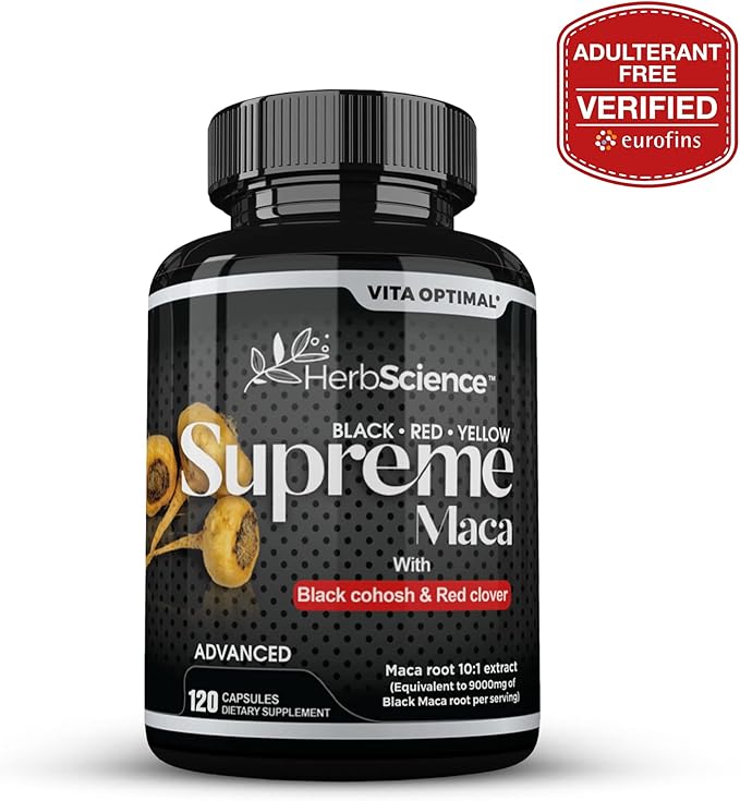 Supreme Maca Capsules 9000 mg, Powerful Black Maca Root Extract, Premium Strength - with Red Maca, Yellow Maca, Black Cohosh, Red Clover & More - Extremely Potent, 120 Capsules